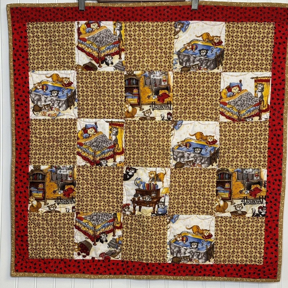 Handcrafted Whimsical Quilt Wall Hanging Lap Blanket Cat Lady Lovers Cute Kitty